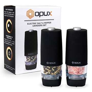 OPUX Premium Battery Operated Salt and Pepper Grinder Set | Electric Pepper Mill, Automatic Salt Shaker with Strong Acrylic Body | Non-Corrosive Electronic Grinder Set, Adjustable Coarseness