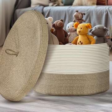 Noonkty Blanket Basket with Lid, Rope Baskets for Storage, Large Woven Basket 21.7"X21.7"X13.8" Toy Basket for Baby, Blanket Storage for Living Room Bedroom Laundry