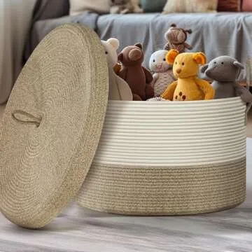 Noonkty Blanket Basket with Lid, Rope Baskets for Storage, Large Woven Basket 21.7"X21.7"X13.8" Toy Basket for Baby, Blanket Storage for Living Room Bedroom Laundry