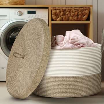 Noonkty Blanket Basket with Lid, Rope Baskets for Storage, Large Woven Basket 21.7"X21.7"X13.8" Toy Basket for Baby, Blanket Storage for Living Room Bedroom Laundry