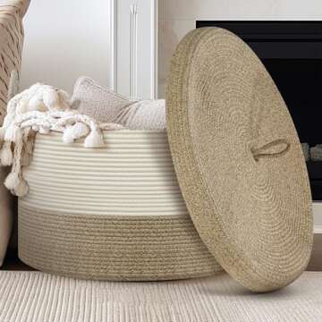 Noonkty Blanket Basket with Lid, Rope Baskets for Storage, Large Woven Basket 21.7"X21.7"X13.8" Toy Basket for Baby, Blanket Storage for Living Room Bedroom Laundry