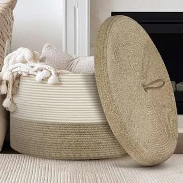 Noonkty Blanket Basket with Lid, Rope Baskets for Storage, Large Woven Basket 21.7"X21.7"X13.8" Toy Basket for Baby, Blanket Storage for Living Room Bedroom Laundry