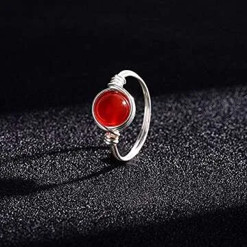 YWDREAM Crystal Rings for Women Spiritual, Healing Crystal Rings Wire Wrapped Ring, Carnelian Rose Quartz Amethyst Tiger Eyes Opalite Amazonite Gemstone Ring (Carnelian-Silver, 7)