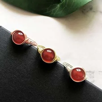 YWDREAM Crystal Rings for Women Spiritual, Healing Crystal Rings Wire Wrapped Ring, Carnelian Rose Quartz Amethyst Tiger Eyes Opalite Amazonite Gemstone Ring (Carnelian-Silver, 7)