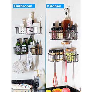 JARLINK 2 Pack Corner Shower Caddy with 8 Hooks, No Drilling, SUS304 Stainless Steel Wide Space Wall Mounted Bathroom Shelf, Storage Rack for Toilet Dorm Kitchen, Brown