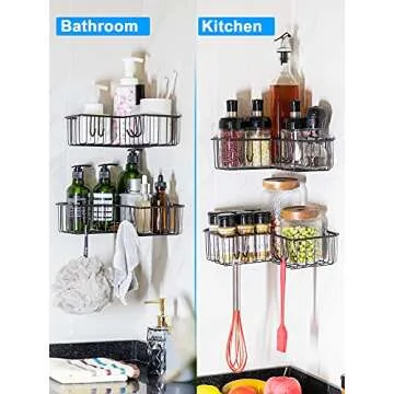JARLINK 2 Pack Corner Shower Caddy with 8 Hooks, No Drilling, SUS304 Stainless Steel Wide Space Wall Mounted Bathroom Shelf, Storage Rack for Toilet Dorm Kitchen, Brown
