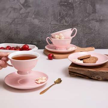 Orekih Tea Cups, Tea Cups and Saucers, Cappuccino Cups Set, Tea Cups Set of 6, Tea Cup Set, Floral Tea Cups (7oz) with Saucers and Spoons, Perfect for Tea Parties (Pink, 4 Piece Set)