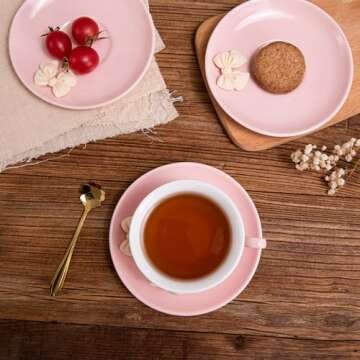 Orekih Tea Cups, Tea Cups and Saucers, Cappuccino Cups Set, Tea Cups Set of 6, Tea Cup Set, Floral Tea Cups (7oz) with Saucers and Spoons, Perfect for Tea Parties (Pink, 4 Piece Set)
