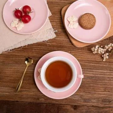 Orekih Tea Cups, Tea Cups and Saucers, Cappuccino Cups Set, Tea Cups Set of 6, Tea Cup Set, Floral Tea Cups (7oz) with Saucers and Spoons, Perfect for Tea Parties (Pink, 4 Piece Set)