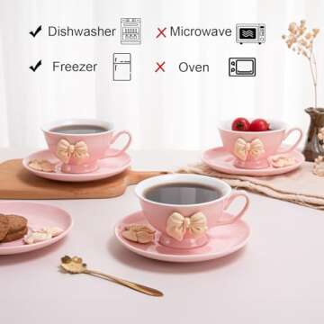 Orekih Tea Cups, Tea Cups and Saucers, Cappuccino Cups Set, Tea Cups Set of 6, Tea Cup Set, Floral Tea Cups (7oz) with Saucers and Spoons, Perfect for Tea Parties (Pink, 4 Piece Set)