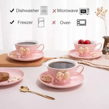 Orekih Tea Cups, Tea Cups and Saucers, Cappuccino Cups Set, Tea Cups Set of 6, Tea Cup Set, Floral Tea Cups (7oz) with Saucers and Spoons, Perfect for Tea Parties (Pink, 4 Piece Set)