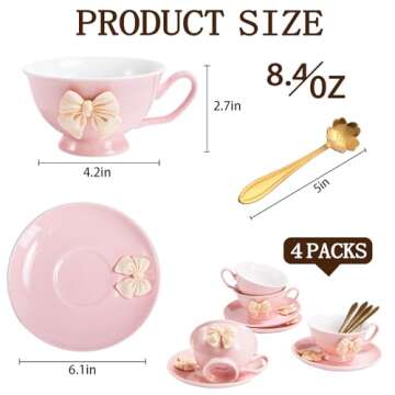 Orekih Tea Cups, Tea Cups and Saucers, Cappuccino Cups Set, Tea Cups Set of 6, Tea Cup Set, Floral Tea Cups (7oz) with Saucers and Spoons, Perfect for Tea Parties (Pink, 4 Piece Set)