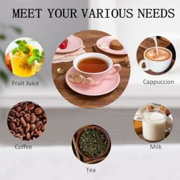 Orekih Tea Cups, Tea Cups and Saucers, Cappuccino Cups Set, Tea Cups Set of 6, Tea Cup Set, Floral Tea Cups (7oz) with Saucers and Spoons, Perfect for Tea Parties (Pink, 4 Piece Set)