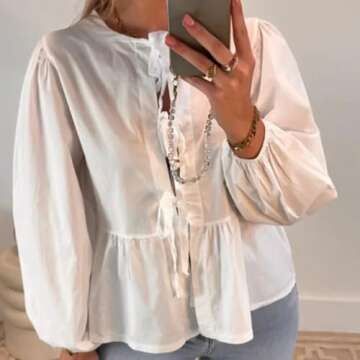 Cioatin Women Bow Tie Front Shirt Top Cute Puff Sleeve Y2K Peplum Ruffle Babydoll Blouse Lace Up Summer Going Out White