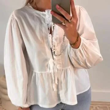 Cioatin Women Bow Tie Front Shirt Top Cute Puff Sleeve Y2K Peplum Ruffle Babydoll Blouse Lace Up Summer Going Out White