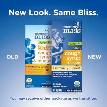 Mommy's Bliss Organic Kids Cough Syrup and Mucus Relief + Immunity Support, Agave & Honey, Ivy Leaf,...