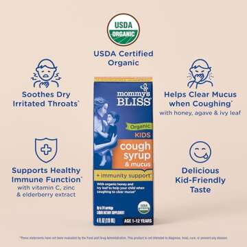 Mommy's Bliss Organic Kids Cough Syrup and Mucus Relief + Immunity Support, Agave & Honey, Ivy Leaf, Elderberry, Zinc, Vitamin C, 4 Fl Oz