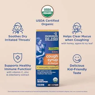 Mommy's Bliss Organic Kids Cough Syrup and Mucus Relief + Immunity Support, Agave & Honey, Ivy Leaf, Elderberry, Zinc, Vitamin C, 4 Fl Oz