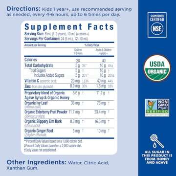 Mommy's Bliss Organic Kids Cough Syrup and Mucus Relief + Immunity Support, Agave & Honey, Ivy Leaf, Elderberry, Zinc, Vitamin C, 4 Fl Oz