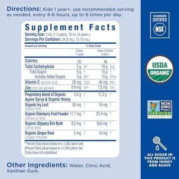 Mommy's Bliss Organic Kids Cough Syrup and Mucus Relief + Immunity Support, Agave & Honey, Ivy Leaf, Elderberry, Zinc, Vitamin C, 4 Fl Oz