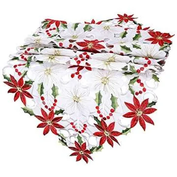 OurWarm Christmas Embroidered Table Runners Poinsettia Holly Leaf Table Linens for Christmas Decorat...