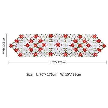 OurWarm Christmas Embroidered Table Runners Poinsettia Holly Leaf Table Linens for Christmas Decorations 15 x 70 Inch