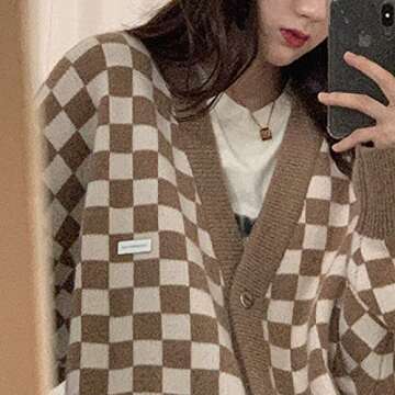 SAFRISIOR Women Oversized Checkered Plaid Pattern Knit Sweater Cardigan Button Down Loose Fit Drop Shoulder Coat Coffee
