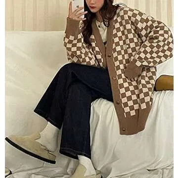 SAFRISIOR Women Oversized Checkered Plaid Pattern Knit Sweater Cardigan Button Down Loose Fit Drop Shoulder Coat Coffee