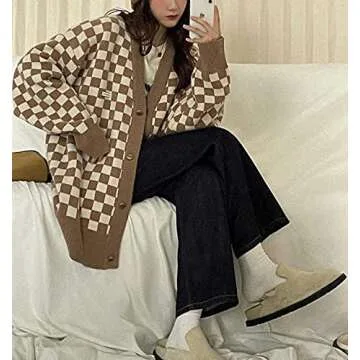 SAFRISIOR Women Oversized Checkered Plaid Pattern Knit Sweater Cardigan Button Down Loose Fit Drop Shoulder Coat Coffee