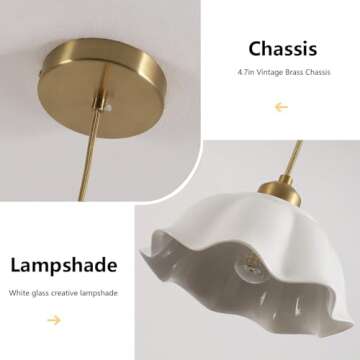 Fulesi Ceramic Pendant Light Nordic Vintage Mid Century Modern Hanging Lamp White Wave Ceramic Shade Brass Finish Ceiling Pendant Light for Bedside Dining Room Kitchen Island
