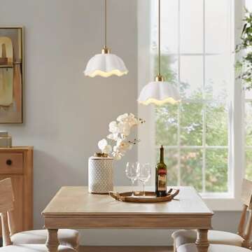 Fulesi Ceramic Pendant Light Nordic Vintage Mid Century Modern Hanging Lamp White Wave Ceramic Shade Brass Finish Ceiling Pendant Light for Bedside Dining Room Kitchen Island