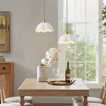 Fulesi Ceramic Pendant Light Nordic Vintage Mid Century Modern Hanging Lamp White Wave Ceramic Shade Brass Finish Ceiling Pendant Light for Bedside Dining Room Kitchen Island