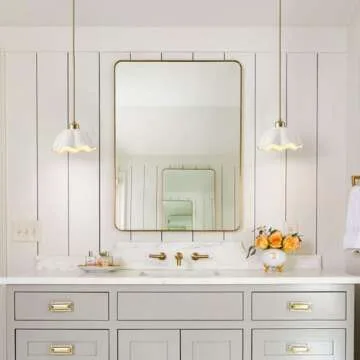 Fulesi Ceramic Pendant Light Nordic Vintage Mid Century Modern Hanging Lamp White Wave Ceramic Shade Brass Finish Ceiling Pendant Light for Bedside Dining Room Kitchen Island