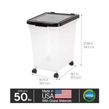 IRIS USA WeatherPro Airtight Dog Food Storage Container, Up to 50 lbs, Removable Wheels, for Dog Cat Bird and other Pet Food Storage Bin, Keep Fresh, Translucent Body, Easy Mobility, Clear/Black