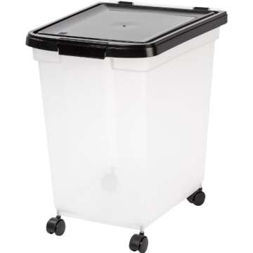 IRIS USA WeatherPro Airtight Dog Food Storage Container, Up to 50 lbs, Removable Wheels, for Dog Cat Bird and other Pet Food Storage Bin, Keep Fresh, Translucent Body, Easy Mobility, Clear/Black