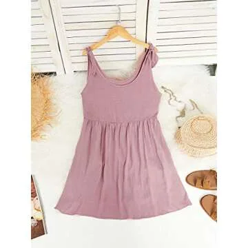 CNJFJ Women's Summer Shoulder Tie Strap Babydoll Dress Casual Scoop Neck A-Line Skater Swing Mini Sundress (Light Pink, Medium)