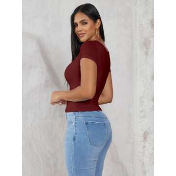 Dwnval Womens Sexy Short Sleeve Square Neck Tops Double Lined Basic Slim Fit Crop T Shirt 2025 Summe...