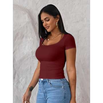 Dwnval Womens Sexy Short Sleeve Square Neck Tops Double Lined Basic Slim Fit Crop T Shirt 2025 Summer(Burgundy, M)