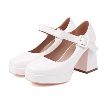 Latasa Women's White Platform Chunky High Heels Closed Toe Block Mary Jane Heels Pumps Dress Shoes (8,White)