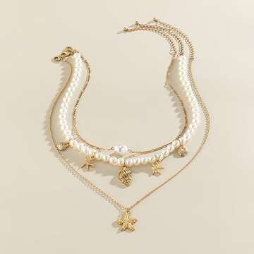 FUTIMELY Layered Pearl Necklaces for Women,Dainty 14K Gold Plated Shell Starfish Eye Pedent Figaro Chain Choke Necklace Preppy Personalized Fashion Jewelry (Starfish)