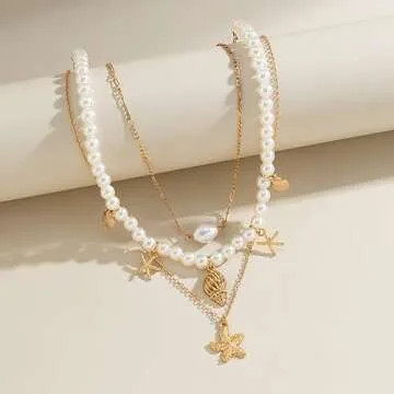 FUTIMELY Layered Pearl Necklaces for Women,Dainty 14K Gold Plated Shell Starfish Eye Pedent Figaro Chain Choke Necklace Preppy Personalized Fashion Jewelry (Starfish)