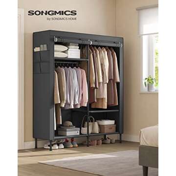 SONGMICS Wardrobe Closet, 65 Inch Heavy Duty Portable Closet, Freestanding Closet Organizer, Clothes Rack with Cover, 2 Hanging Rails, 3 Shelves,4 Side Pockets,Black URDR301B02