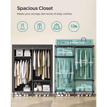 SONGMICS Wardrobe Closet, 65 Inch Heavy Duty Portable Closet, Freestanding Closet Organizer, Clothes Rack with Cover, 2 Hanging Rails, 3 Shelves,4 Side Pockets,Black URDR301B02
