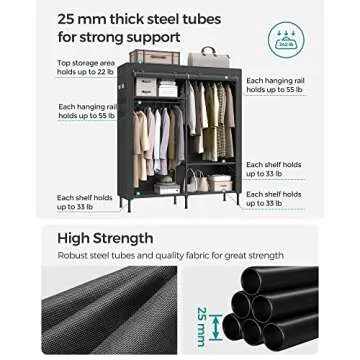 SONGMICS Wardrobe Closet, 65 Inch Heavy Duty Portable Closet, Freestanding Closet Organizer, Clothes Rack with Cover, 2 Hanging Rails, 3 Shelves,4 Side Pockets,Black URDR301B02