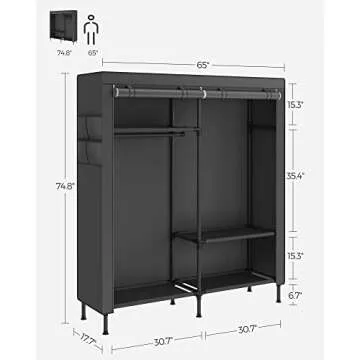 SONGMICS Wardrobe Closet, 65 Inch Heavy Duty Portable Closet, Freestanding Closet Organizer, Clothes Rack with Cover, 2 Hanging Rails, 3 Shelves,4 Side Pockets,Black URDR301B02