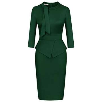 Moyabo Ladies Dresses for Church Tunic High Stretchy Juniors Vintage Dress with Sleeves Green X-Larg...