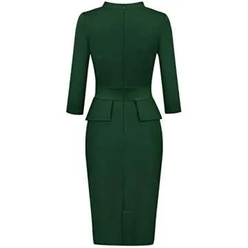 Moyabo Ladies Dresses for Church Tunic High Stretchy Juniors Vintage Dress with Sleeves Green X-Large