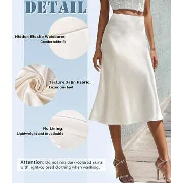 Women's Satin High Waist Hidden Elasticized Waistband Flared Casual A Line Midi Skirt
