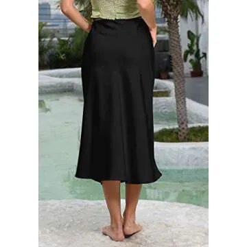 Women's Satin High Waist Hidden Elasticized Waistband Flared Casual A Line Midi Skirt