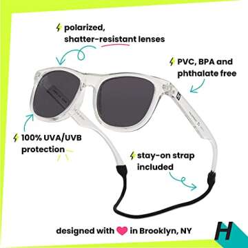 Hipsterkid Sunglasses for Kids Toddler Polarized Sunglasses Shatter-Resistant Lenses and Stay-On Strap 100% UV Protection Christmas Gift (Clear, 3-6 Years)